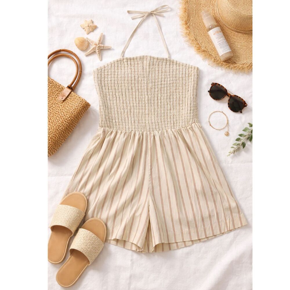 Beige Striped Smocked Halter Romper Boho Coastal Summer Retro Chic Minimalist